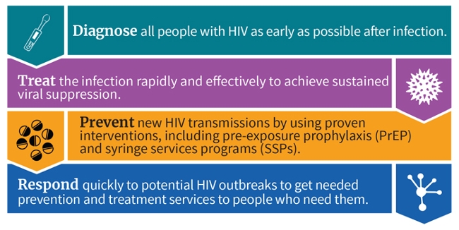 Diagnose all people with HIV as early as possible after infection. Treat the infection rapidly and effectively to achieve sustained viral suppression. Prevent new HIV transmissions by using proven interventions, including pre-exposure prophylaxis (PrEP) and syringe services programs (SSPs). Respond quickly to potential HIV outbreaks to get needed prevention and treatment services to people who need them.
